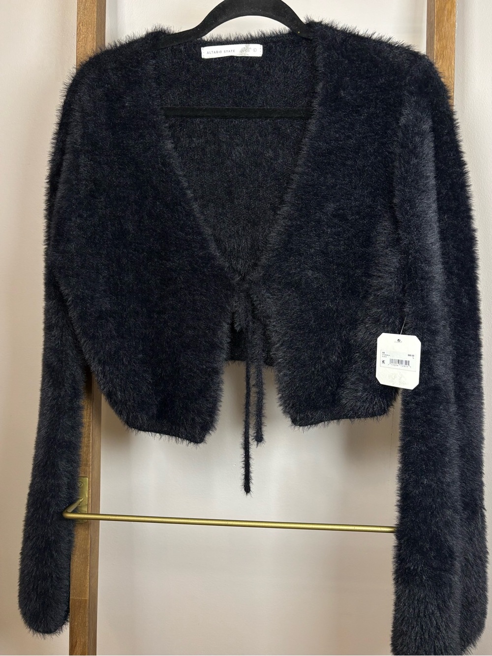 Altar'd State Black SOFT Fuzzy Tie-Front Cropped Cardigan (0294)